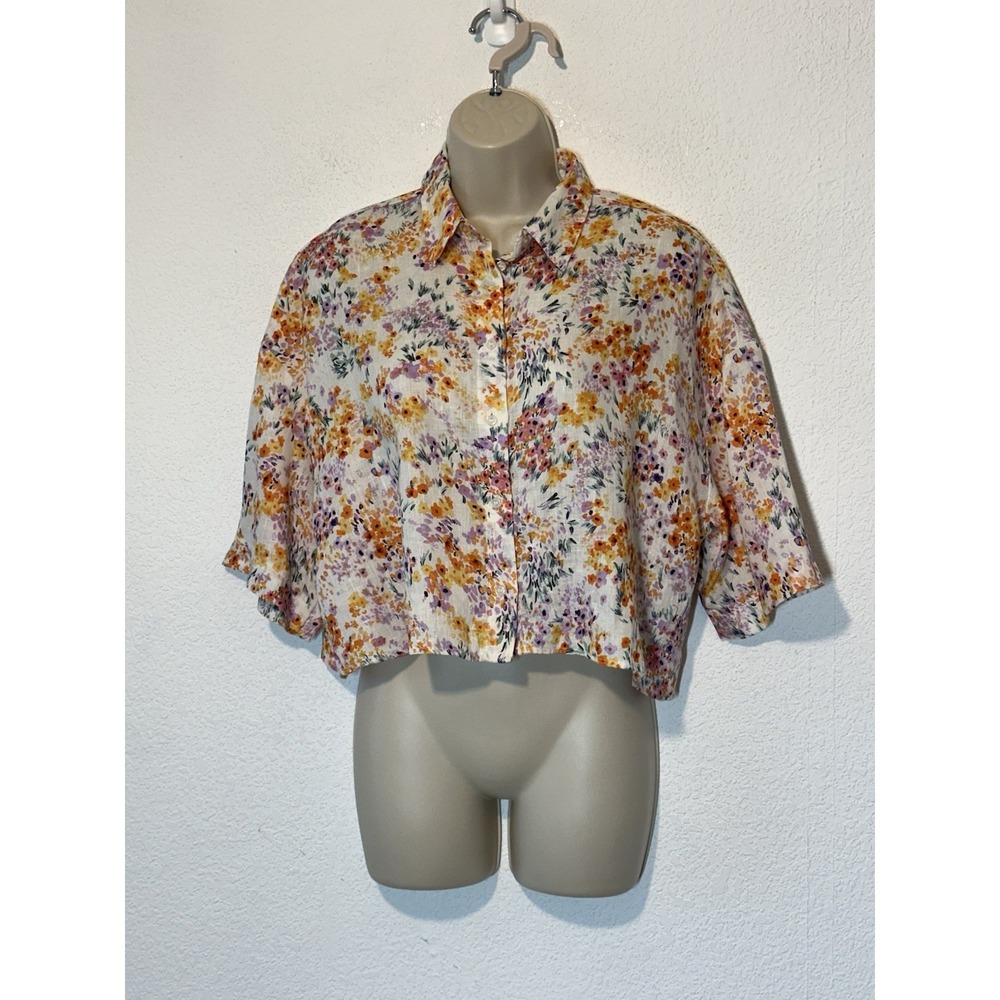 H&M Linen XS Short‎ Sleeve Floral Crop Top Button Up 100% Linen Oversized Boxy